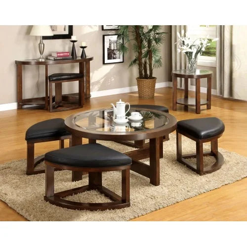 Traditional Coffee Table Set With Beveled Glass Top And Ottoman