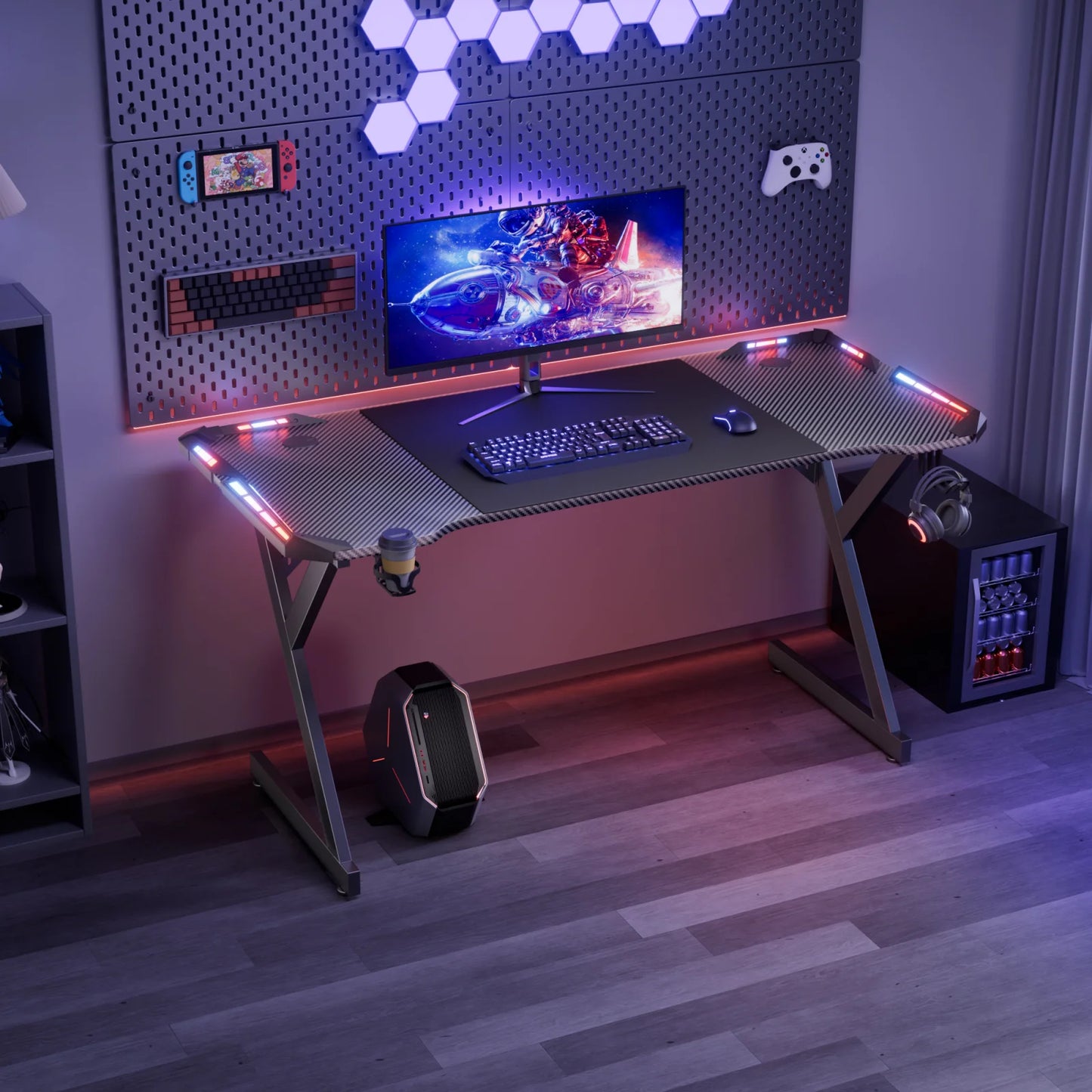 FRODROVIA Y Shaped Gaming Desk With RGB LED Lights Cup Holder