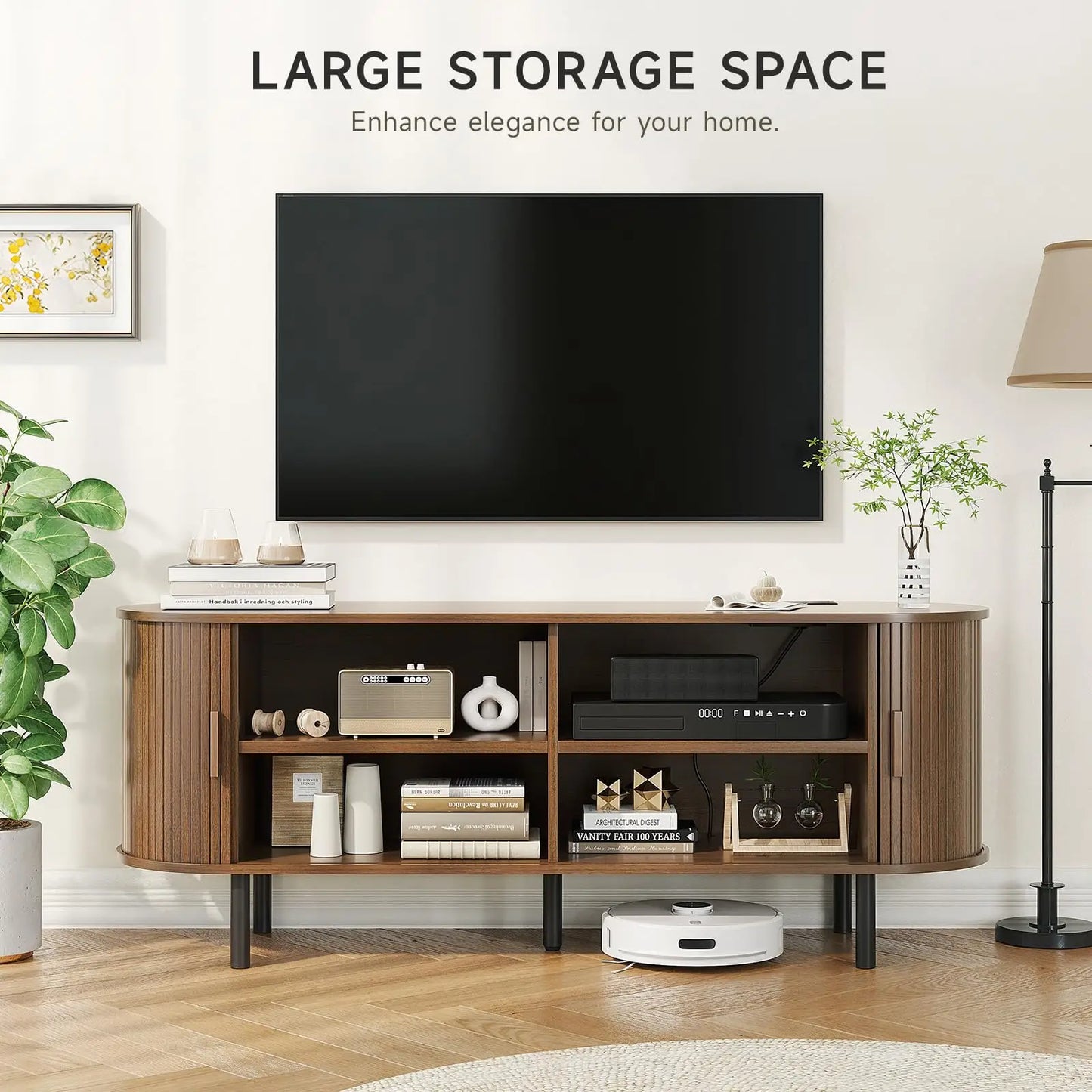 ONBRILL TV Stand With Power Outlet And Sliding Storage Doors