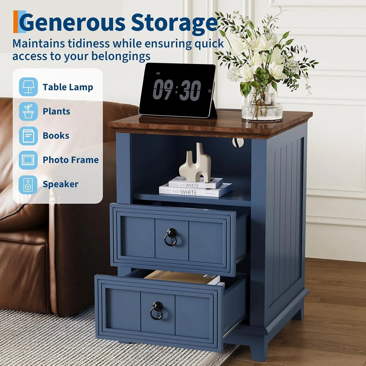 ANIXOL Modern Fluted Nightstand With USB Charging Station
