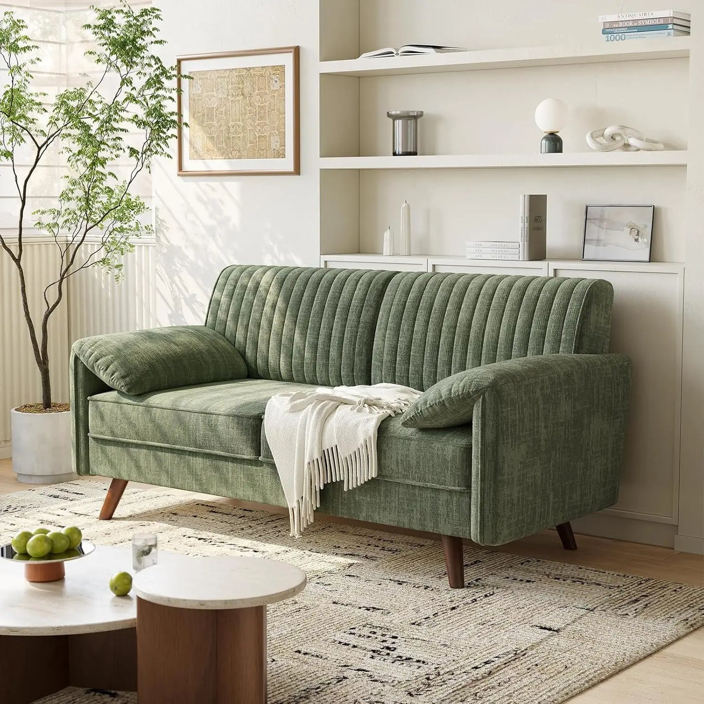 Onbrill Modern Chenille Fabric Loveseat Sofa With Wooden High Legs
