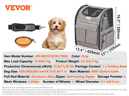 Breathable Pet Cat Carrier Backpack With Wheels Telescopic Handle Travel