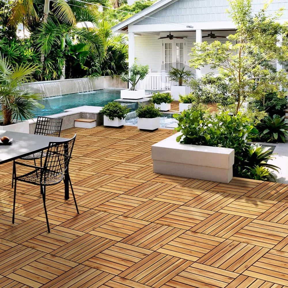 Acacia Wood Interlocking Flooring Tiles Outdoor Waterproof PVC Base
