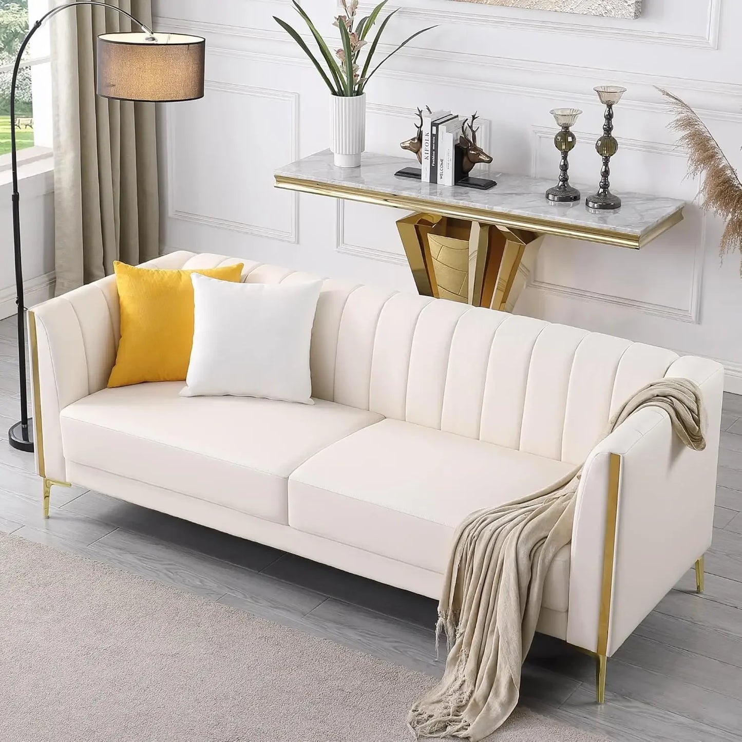 Modern Faux Leather 3 Seater Sofa With Gold Metal Legs