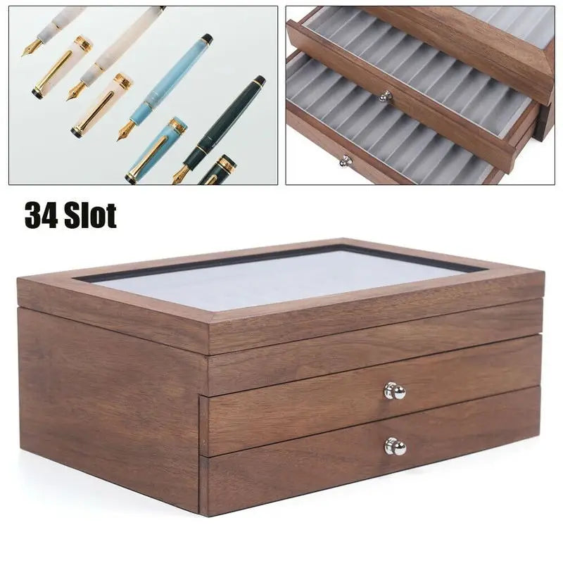 Pen Storage Case 34 Slots Wood Cabinet With Drawer