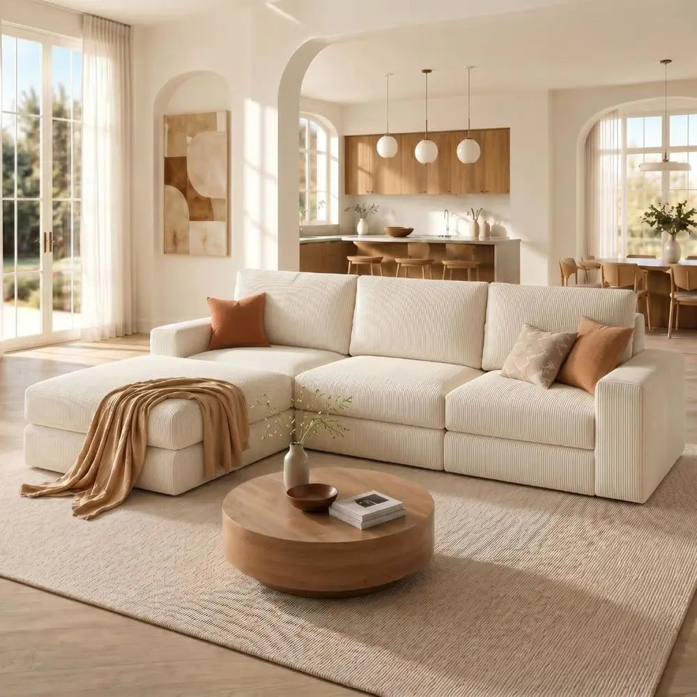 Corduroy L Shaped Chaise Sectional Sofa With Deep Seat