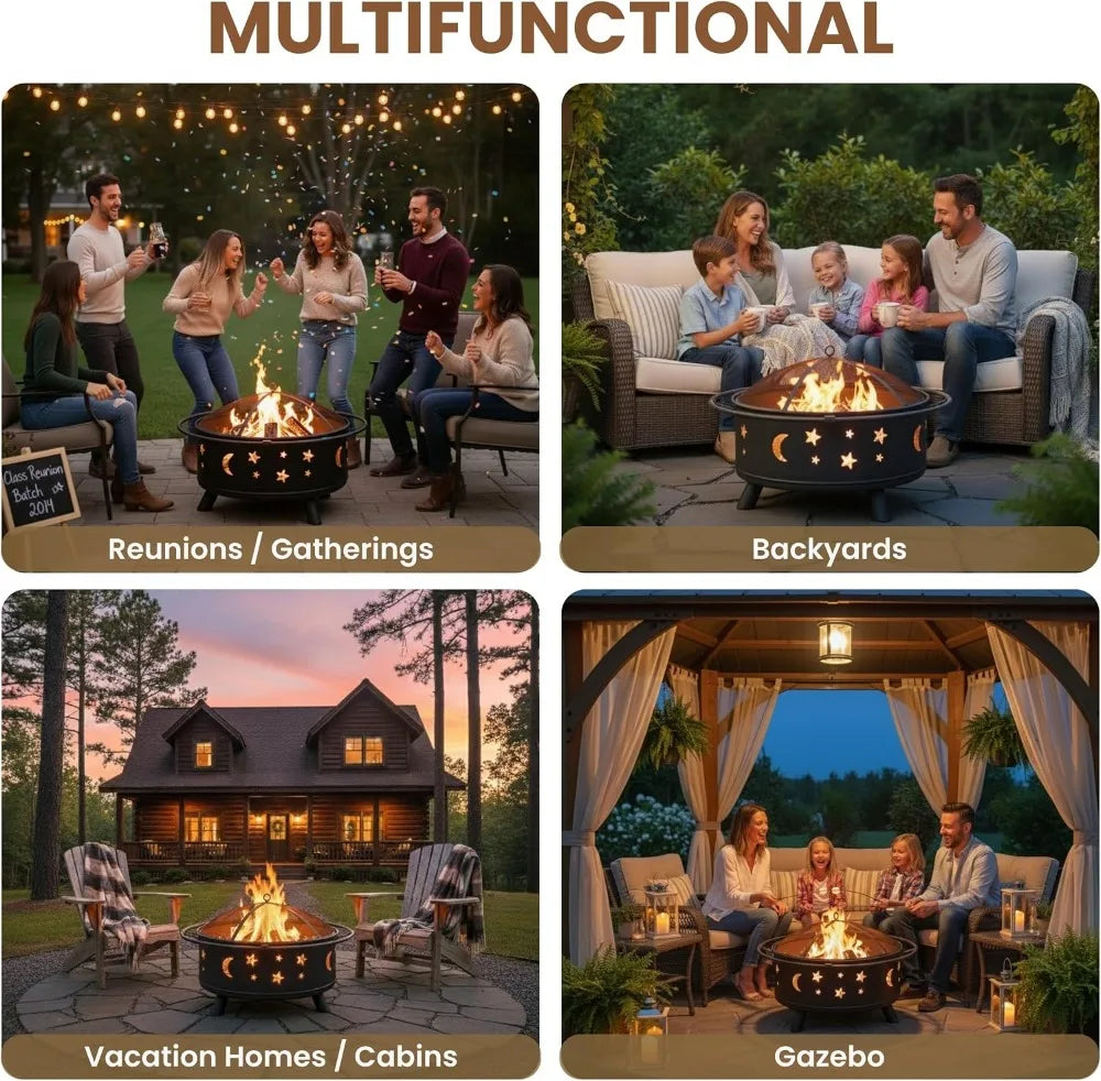 Outdoor Wood Burning Fire Pit With Spark Screen Poker Cover