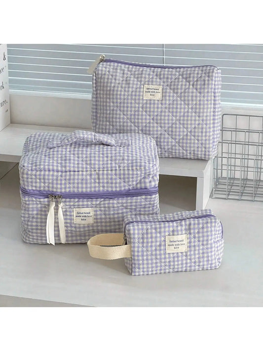 Three Piece Quilted Makeup Bag Set Floral Silk Ribbon Bow