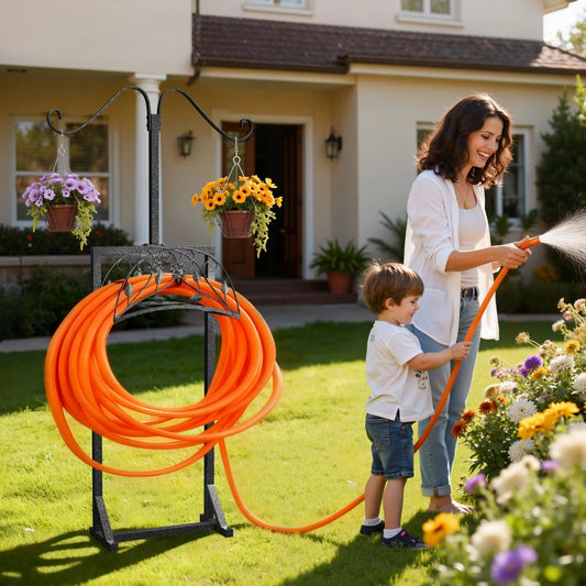 Freestanding Heavy Duty Garden Hose Holder With Spikes And Hooks