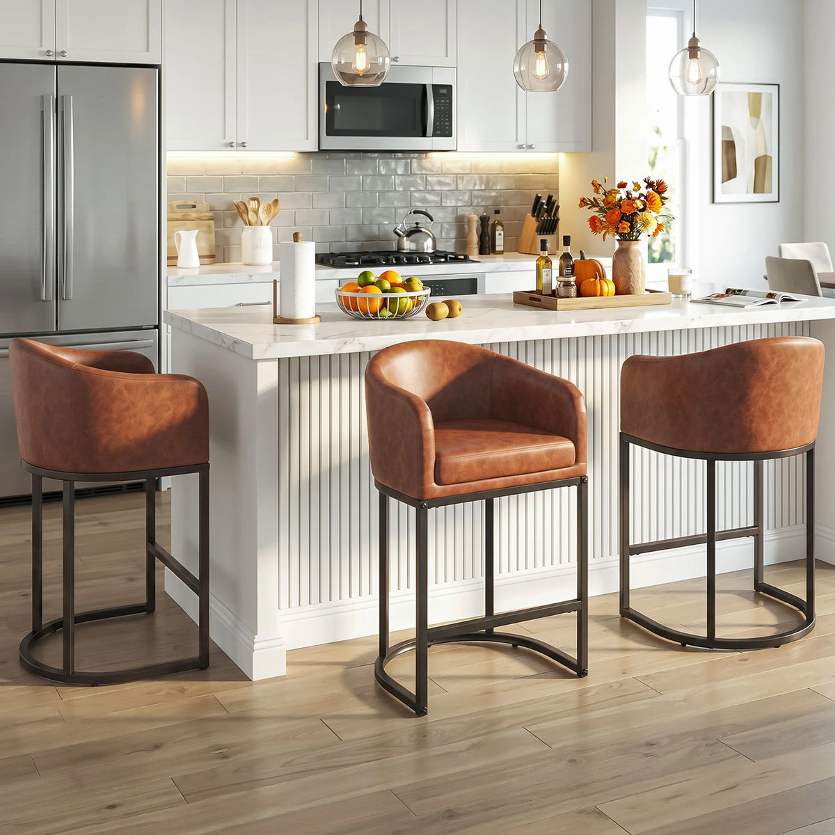 Modern Upholstered Counter Bar Stools With Curved Backrest And Armrests