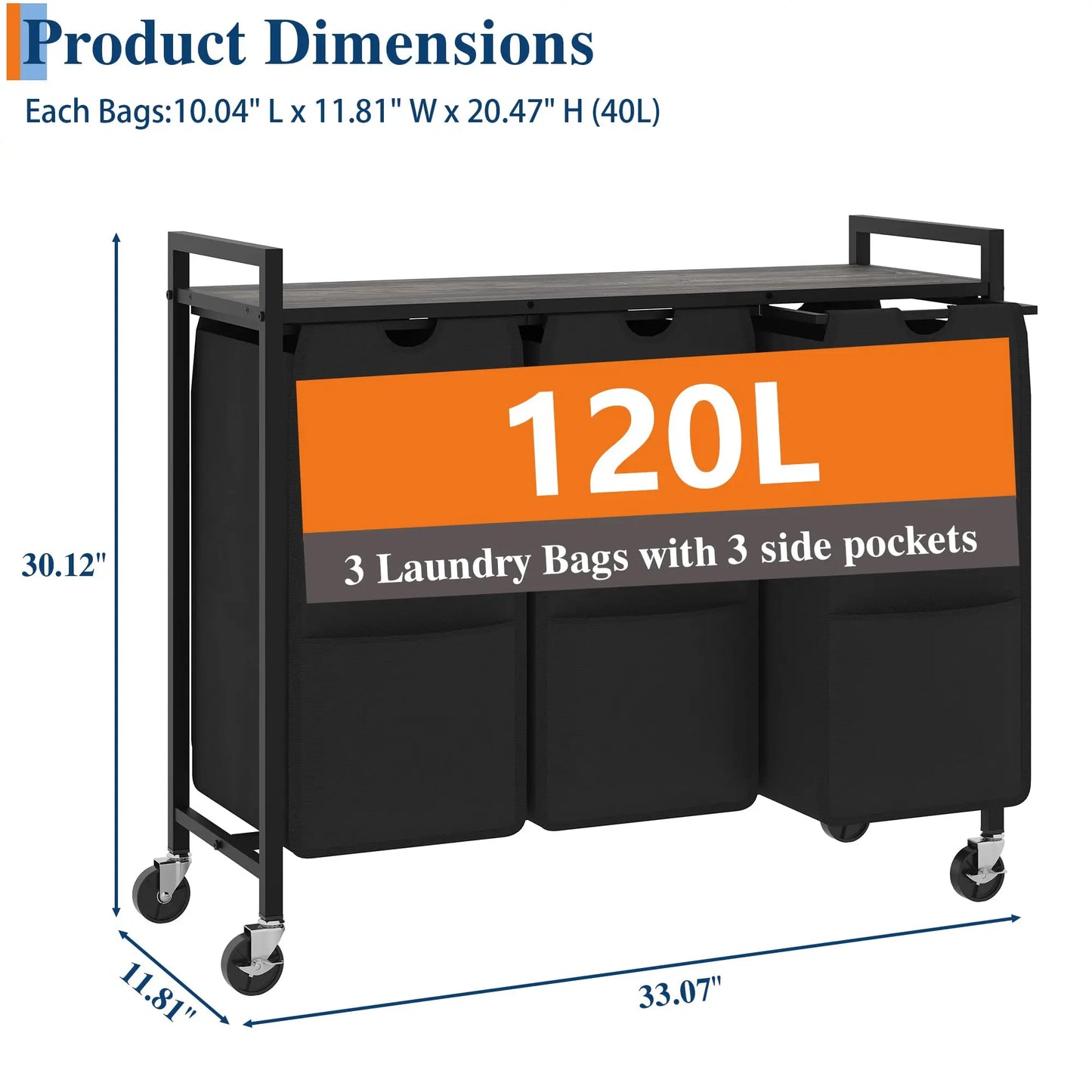 HiMISS Rolling Laundry Hamper With Shelf 3 Section Sorter
