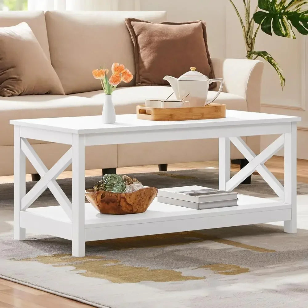 Two Tier Wood Coffee Table With Storage Shelves Living Room