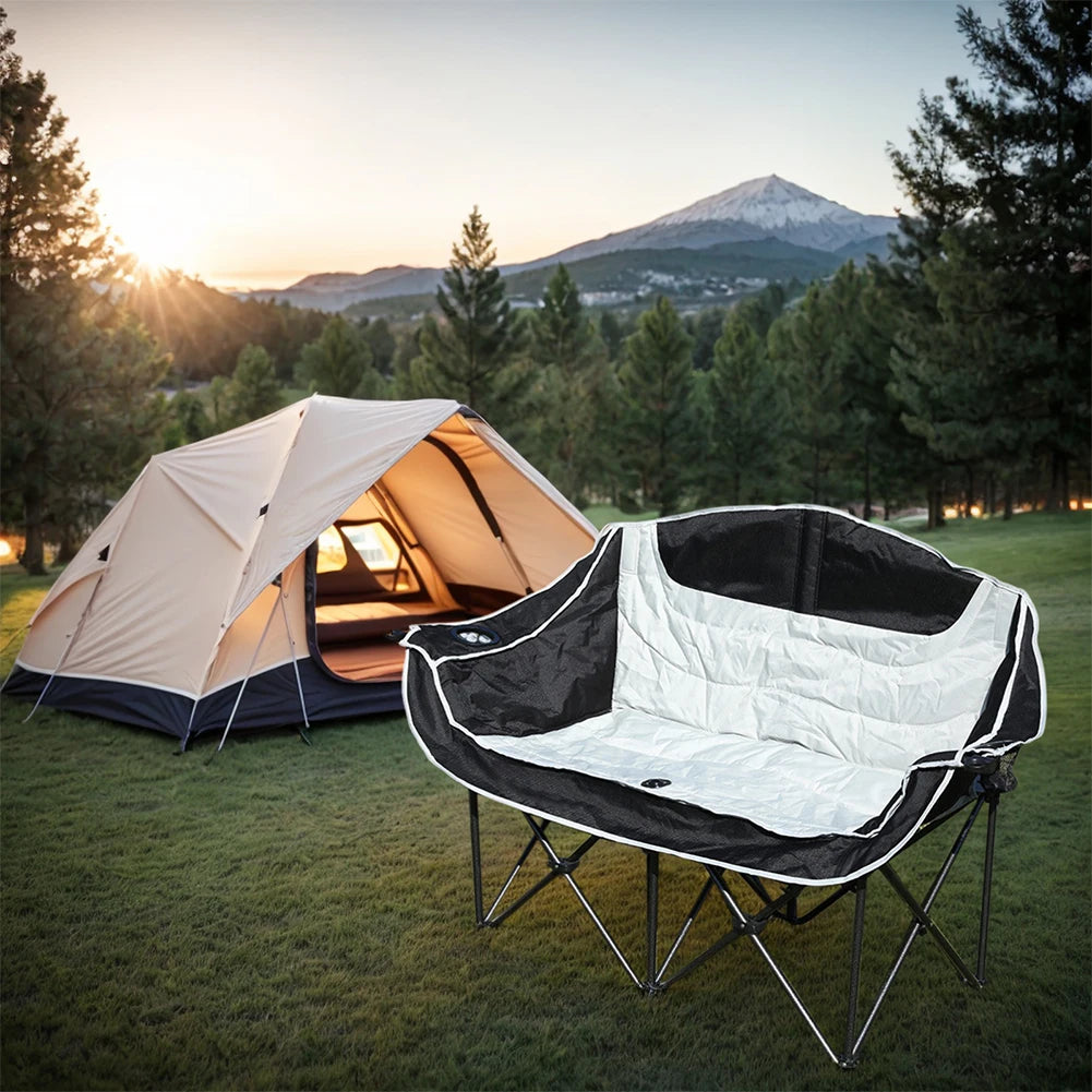 Double Folding Loveseat Camping Chair With Cup Holder Carry Bag