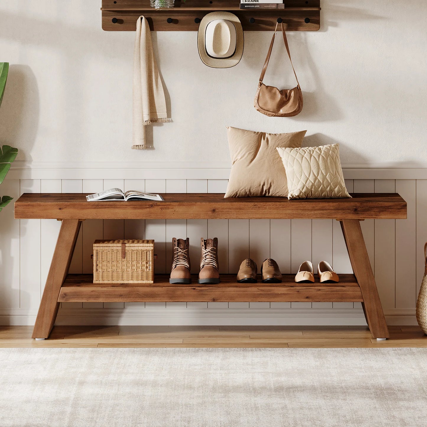 Tribesigns Solid Wood Entryway Bench 2 Tier Shoe Storage