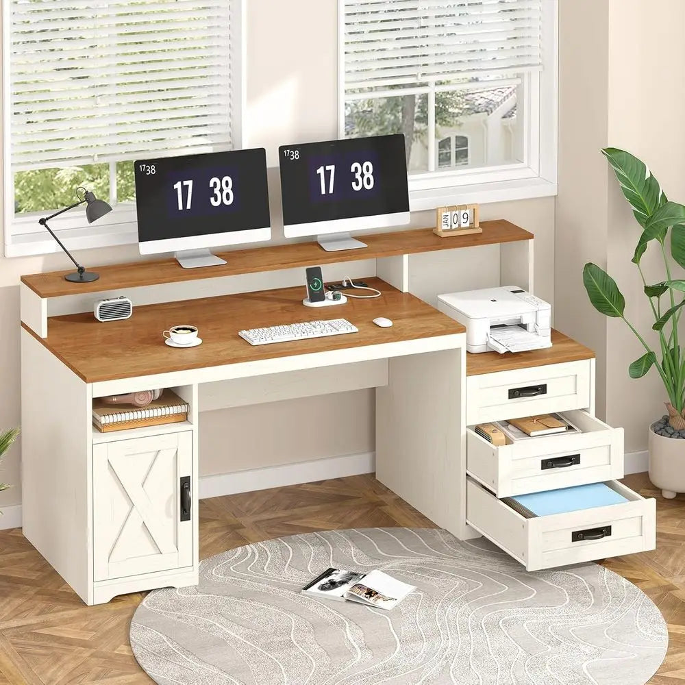 Computer Desk With Power Outlets Storage Cabinet Printer Stand