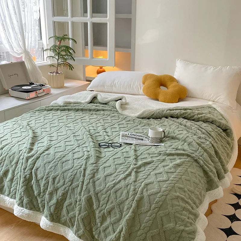 KDV Plush Fleece Double Layer Multifunctional Blanket Diamond Striped Throw
