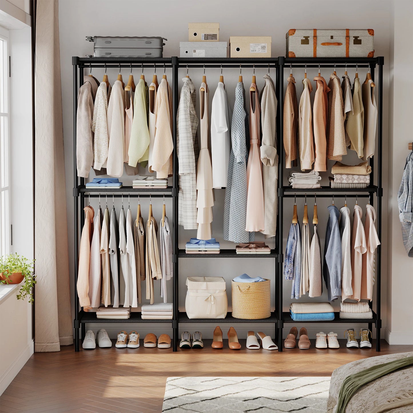 JHK Portable Wardrobe Closet With Hanging Rods And Shelves