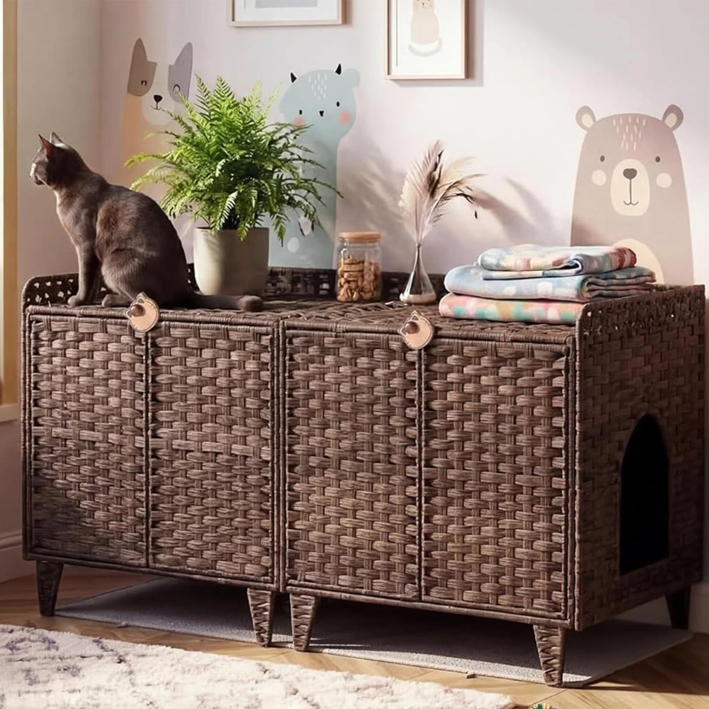DishyKooker Litter Box Enclosure for Two Cats Rattan Cat Furniture