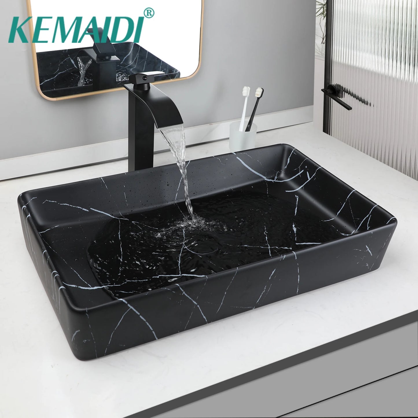 KEMAIDI Rectangular Ceramic Vessel Bathroom Sink With Drainer