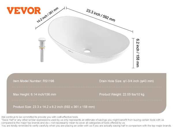 SucceBuy Oval Ceramic Countertop Vessel Sink For Modern Bathroom