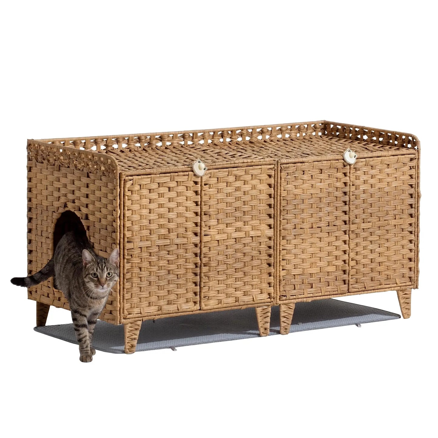 DishyKooker Litter Box Enclosure for Two Cats Rattan Cat Furniture