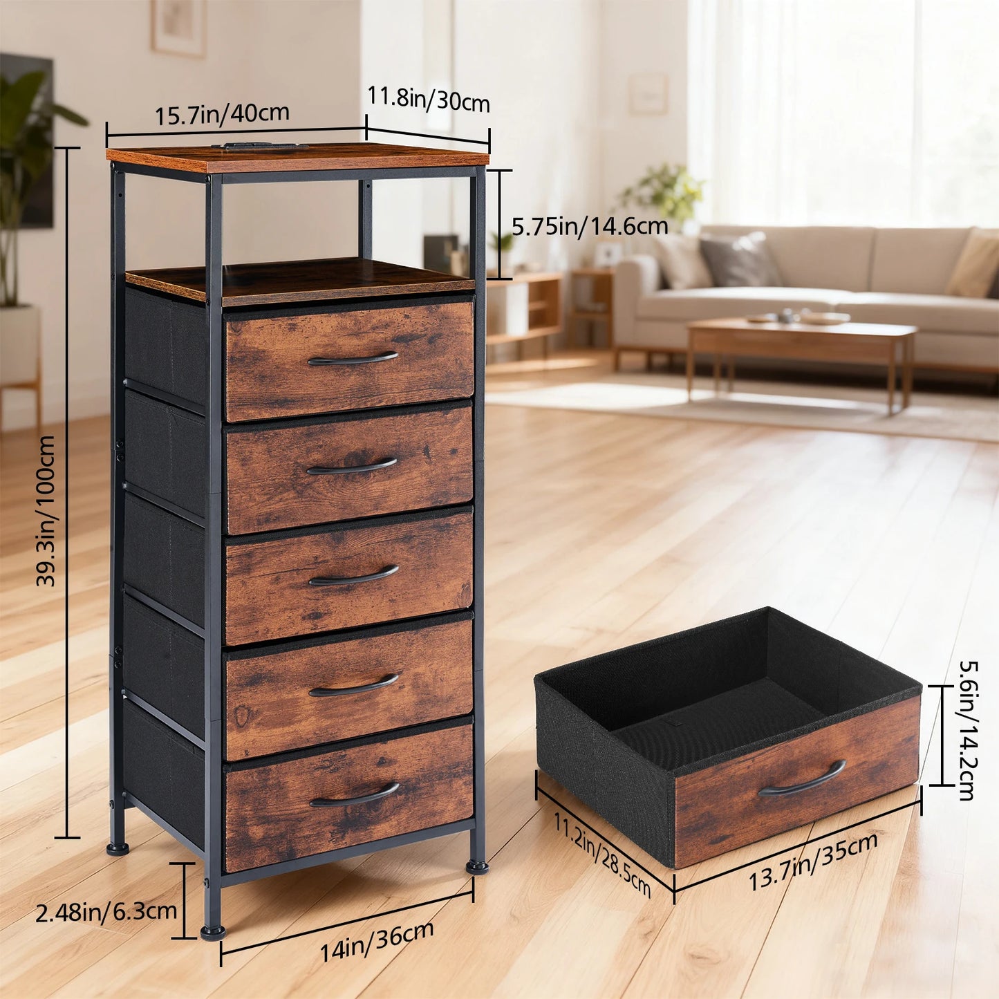 MCQ Nightstand With Fabric Drawers LED Light Strip Charging Station