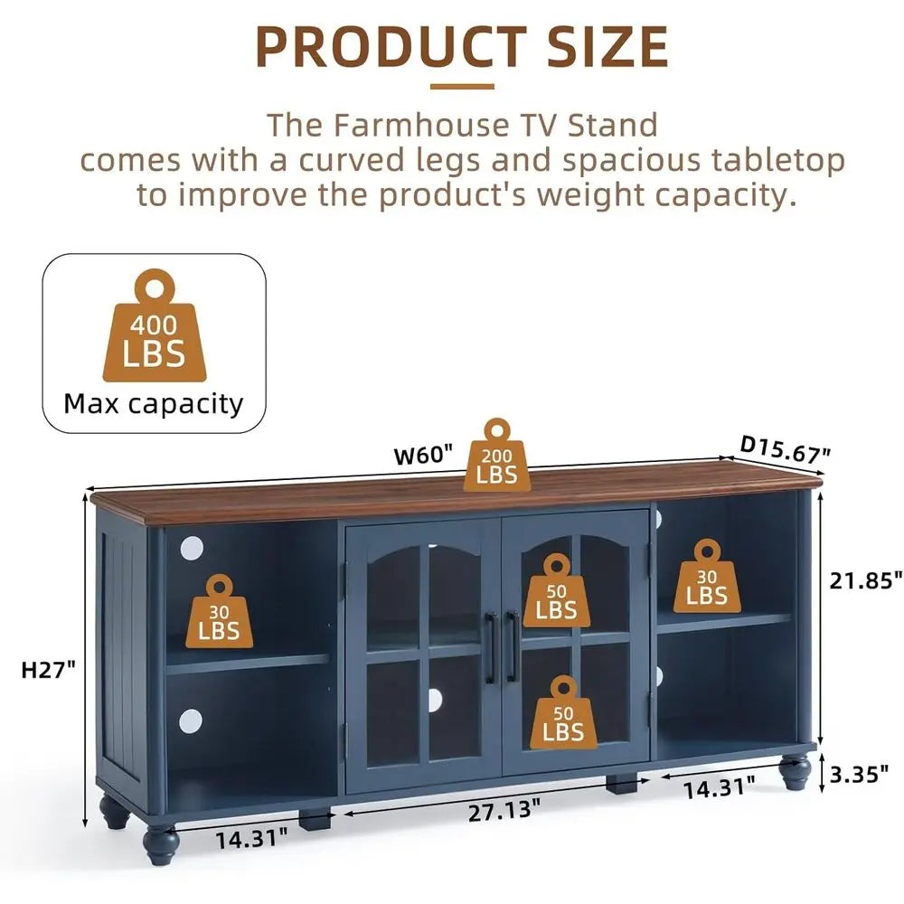 Armhouse Wood TV Stand With Glass Doors And Adjustable Shelves