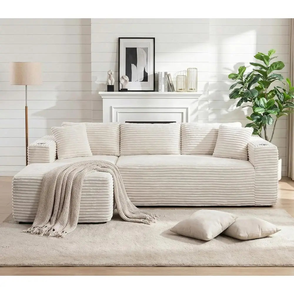 L Shaped Chaise Couch With Cup Holders Plush Corduroy Memory Foam