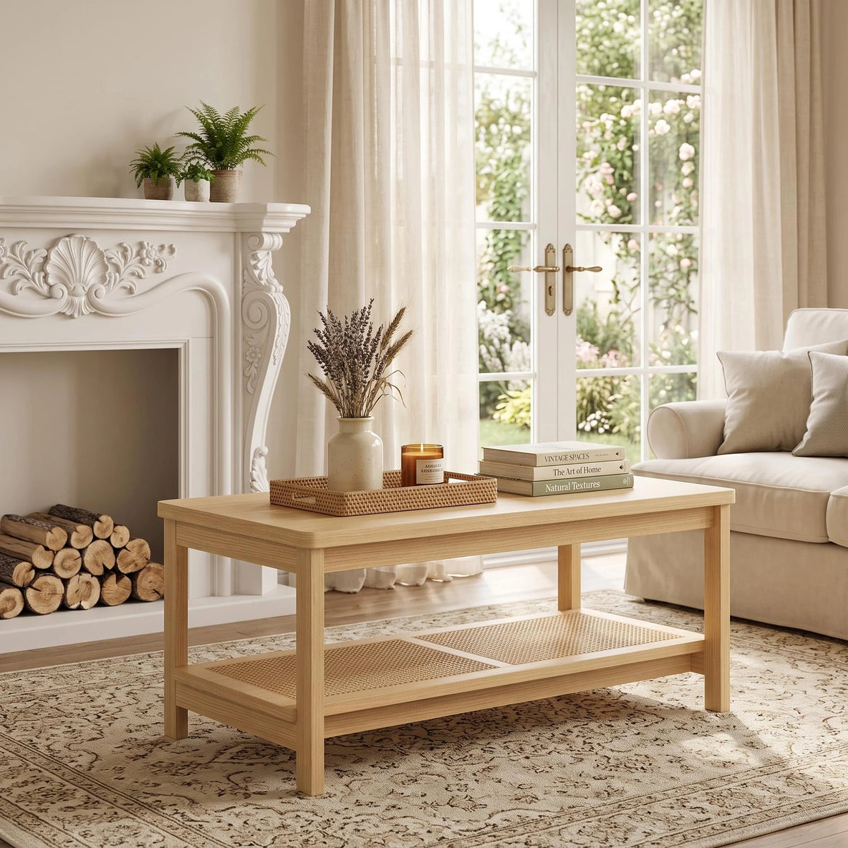 HiMISS Boho Rattan Coffee Table With Storage Shelf Two Tier