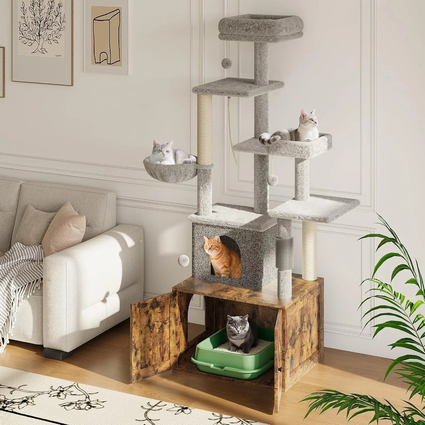Three In One Modern Cat Tree With Hidden Litter Box Enclosure And Odor Control