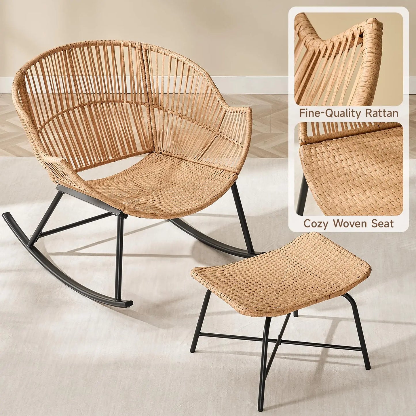 ONBRILL Papasan Rocking Chair With Ottoman Outdoor Wicker Rattan Lounge