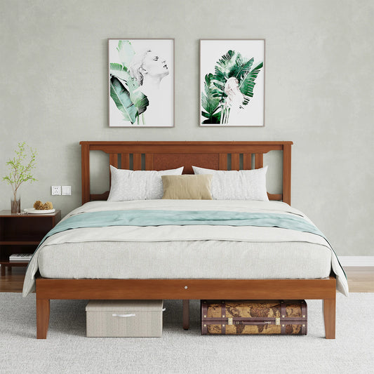 MCQ Wood Platform Bed Frame With Headboard Solid Pine Slat Support