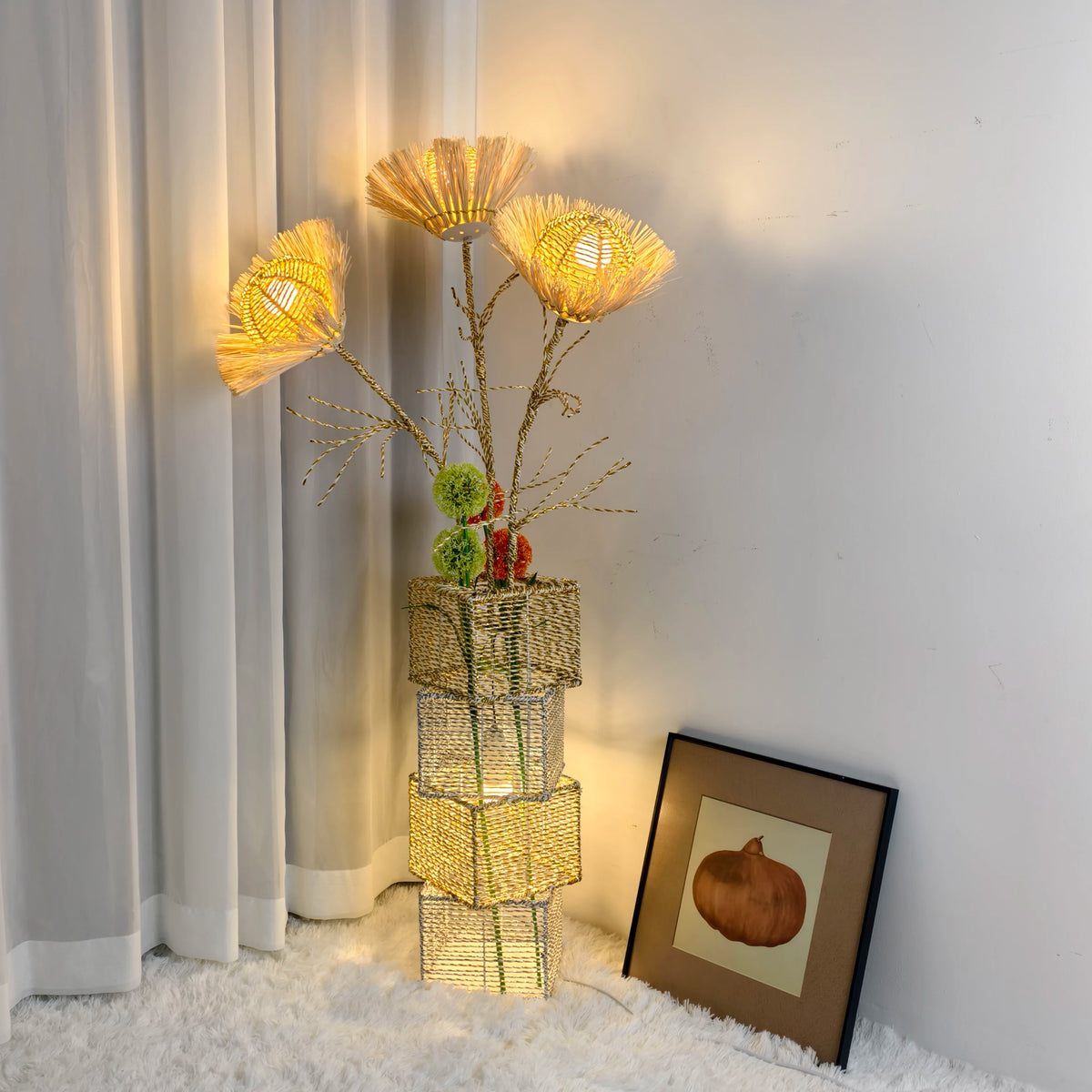 Modern Rattan Floor Lamp Featuring Dimmable LED And Flower Design