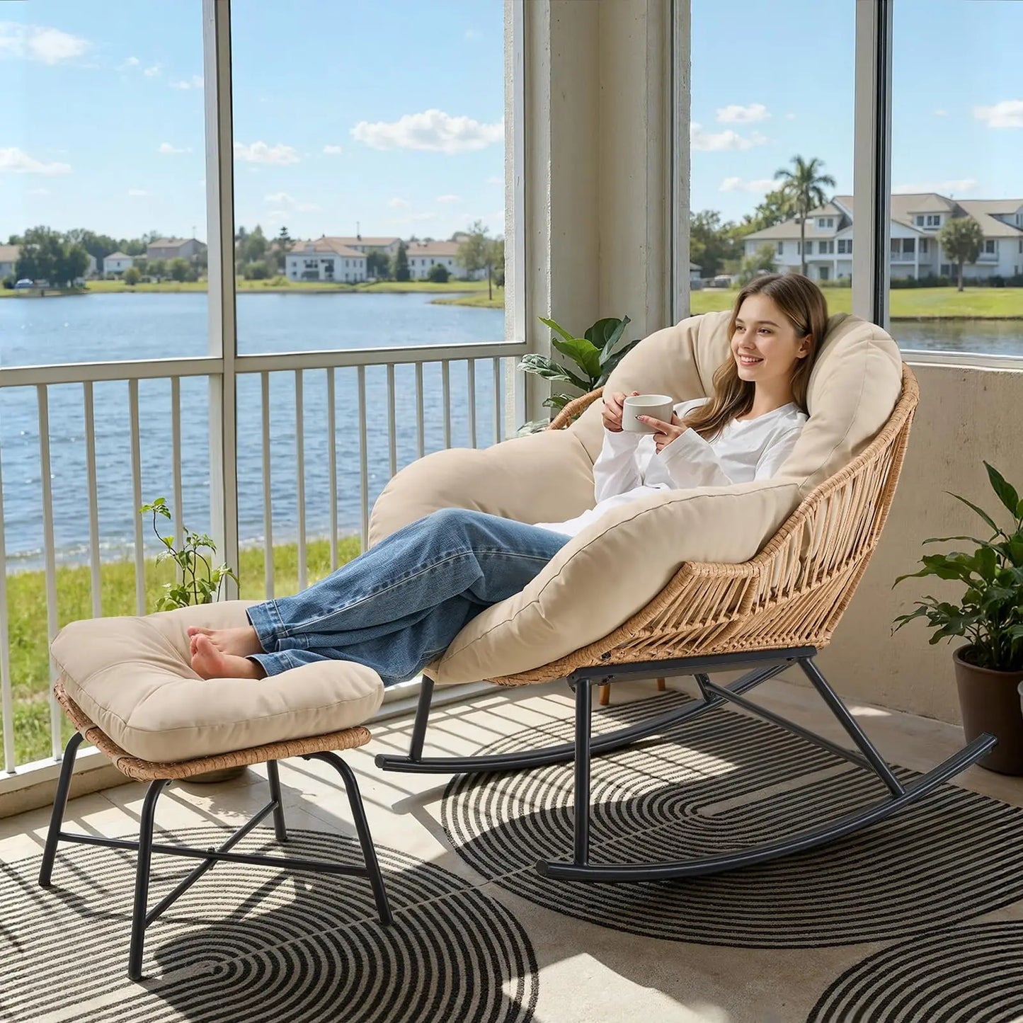 ONBRILL Papasan Rocking Chair With Ottoman Outdoor Wicker Rattan Lounge