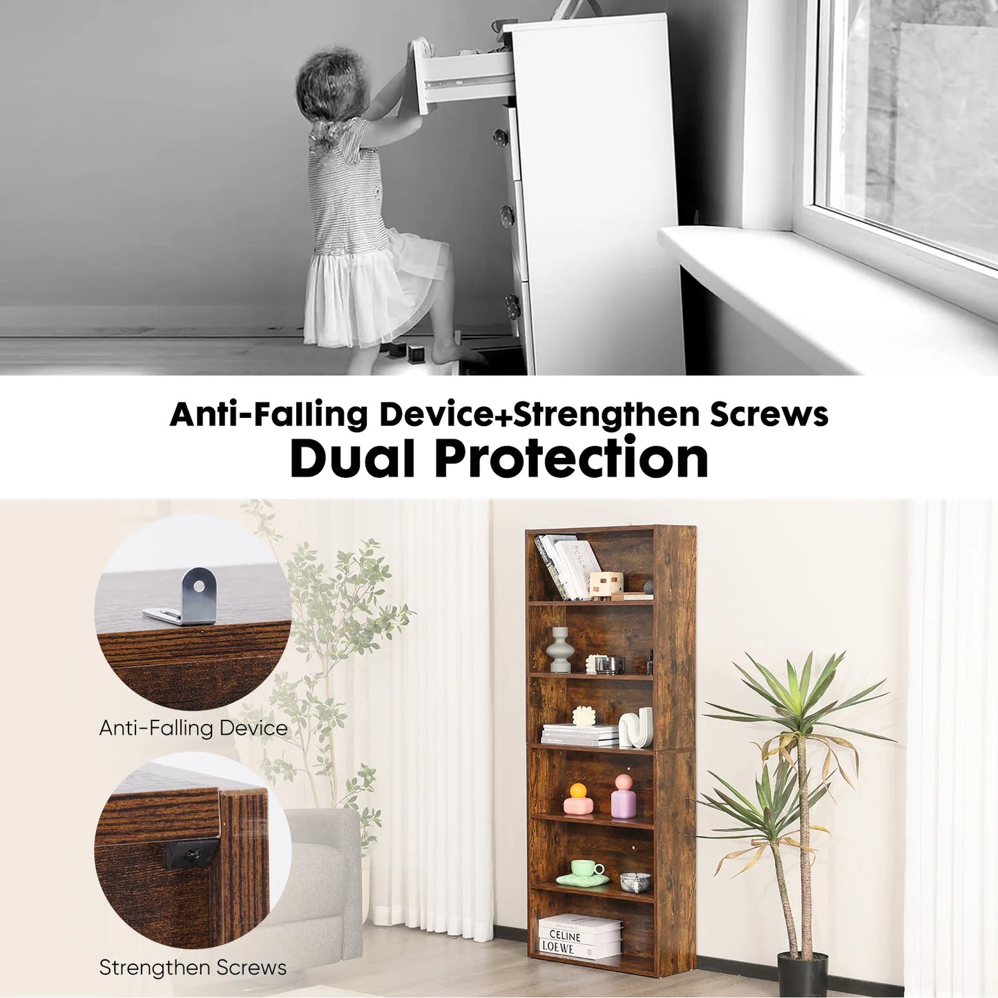 JHK 6 Tier Wooden Shelf Bookcase Modern Floor Standing