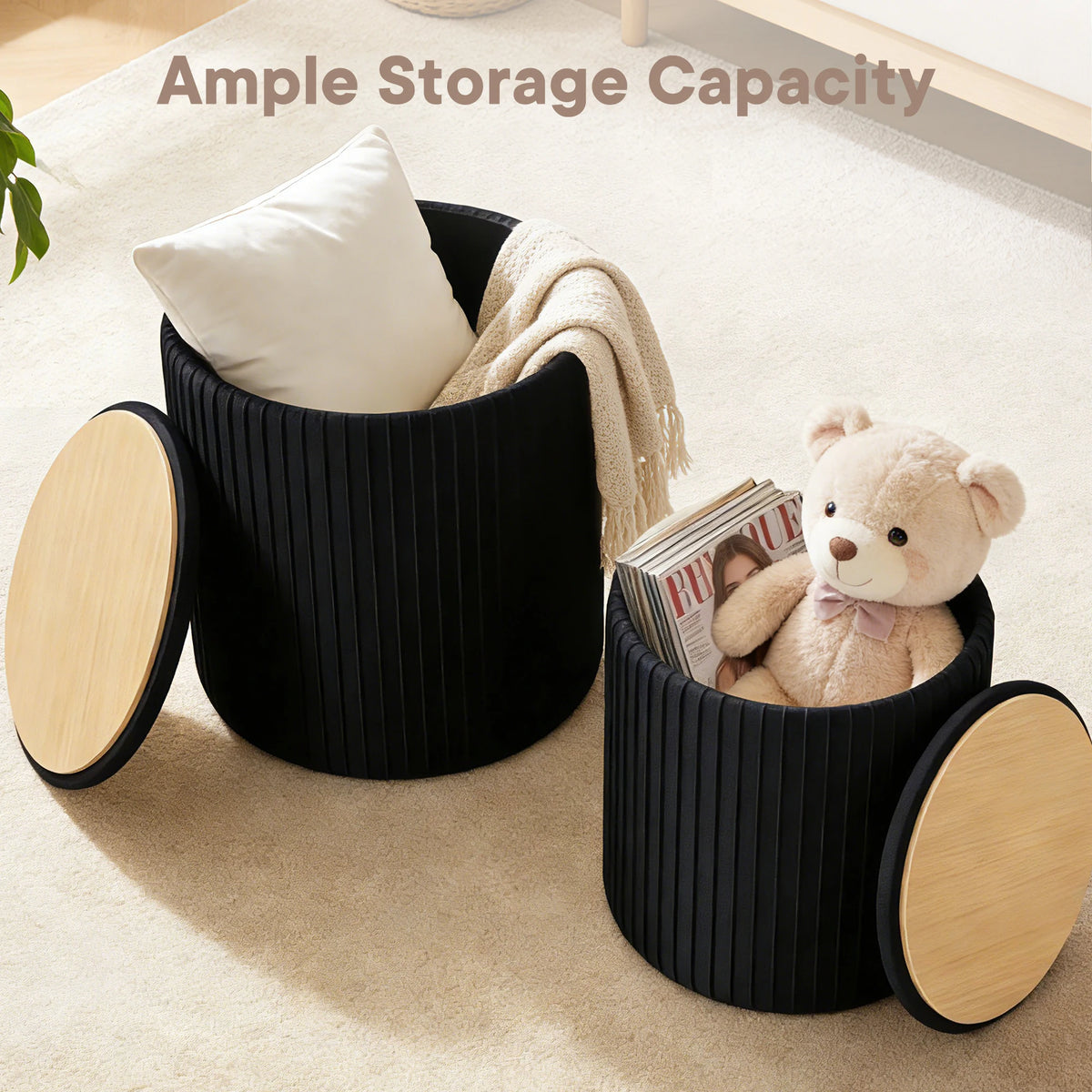 JHK Round Wooden Ottoman With Hidden Storage Footstool Set