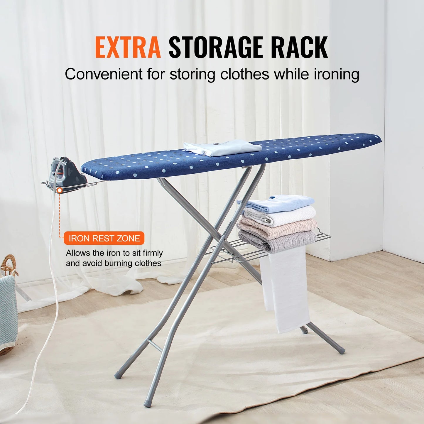 Full Size Ironing Board Height Adjustable Foldable Legs Removable Cover