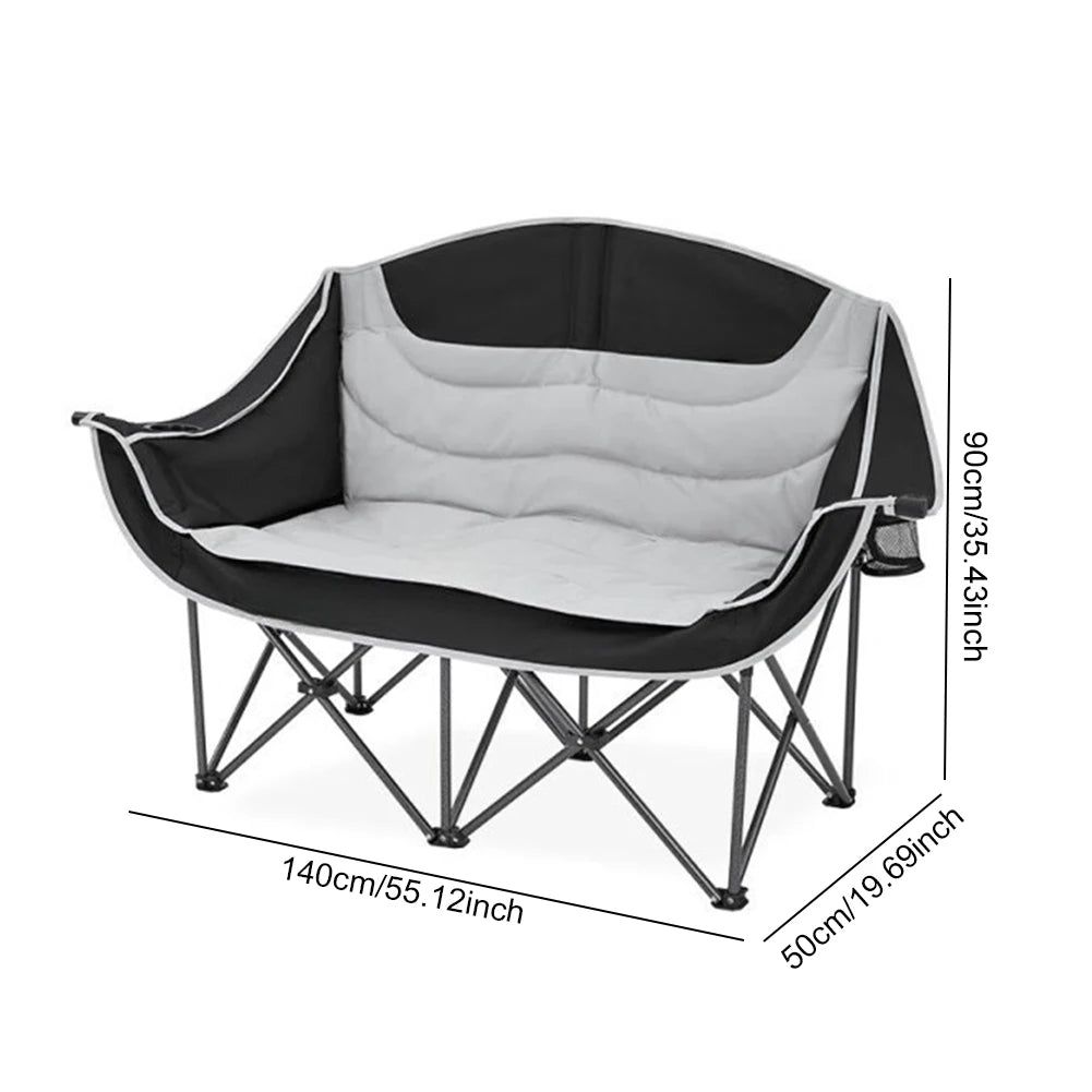 Double Folding Loveseat Camping Chair With Cup Holder Carry Bag