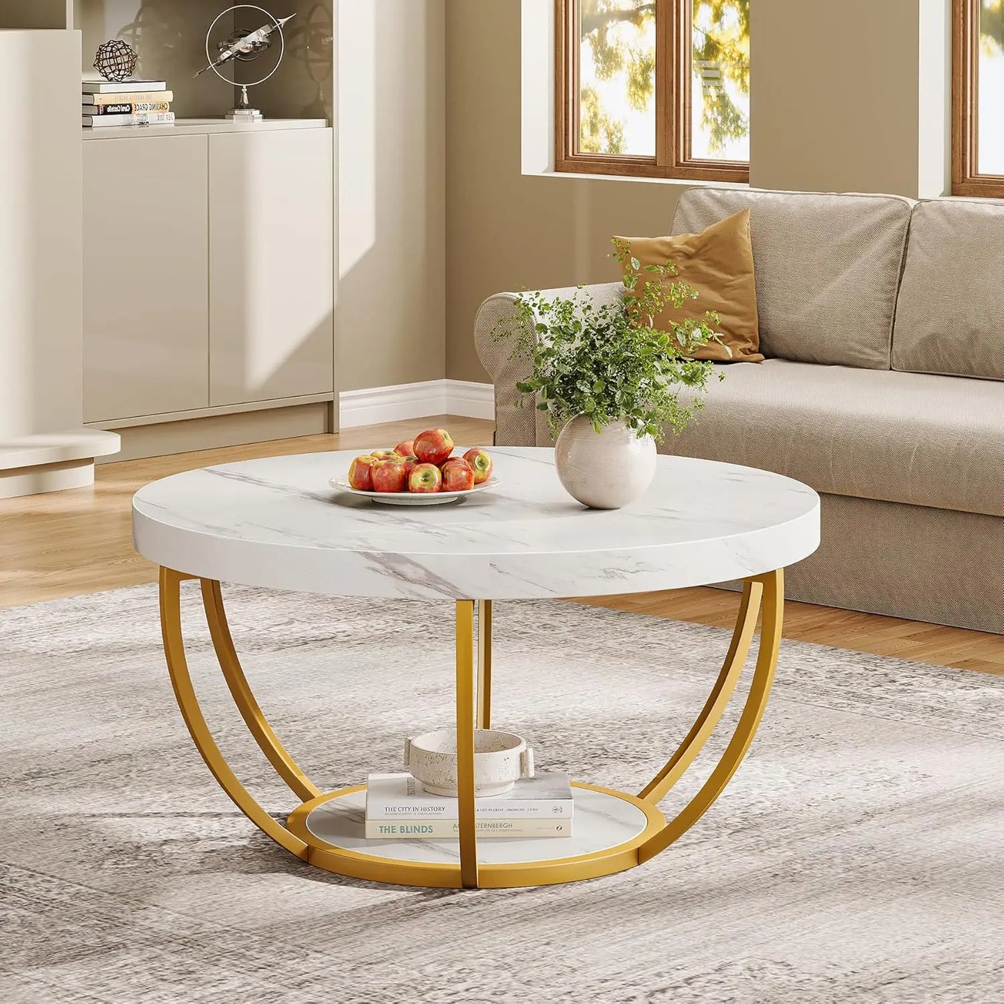 Little Tree Circle Marble Coffee Table With Gold Metal Legs Open Storage