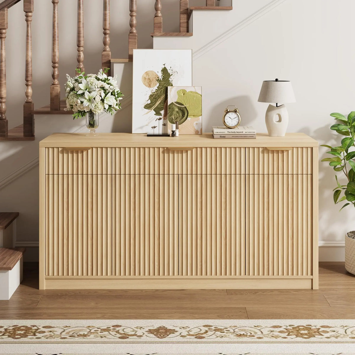 HiMISS Fluted Buffet Sideboard Cabinet With Drawers, Doors And Shelves