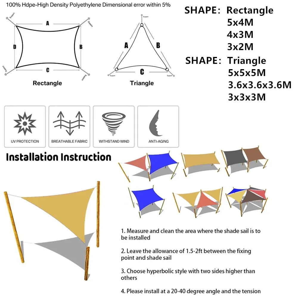160GSM Waterproof Sun Shade Sail For Outdoor Patio Garden