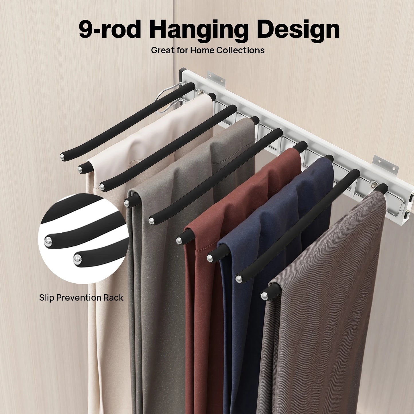 Bymaocar Pull Out Trousers Rack Nine Rods Wall Mount Organizer