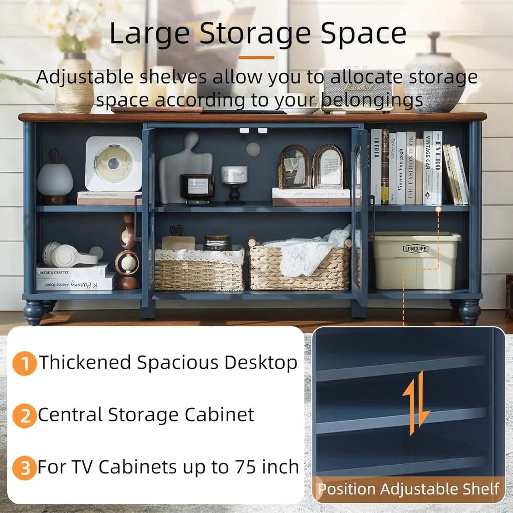Armhouse Wood TV Stand With Glass Doors And Adjustable Shelves