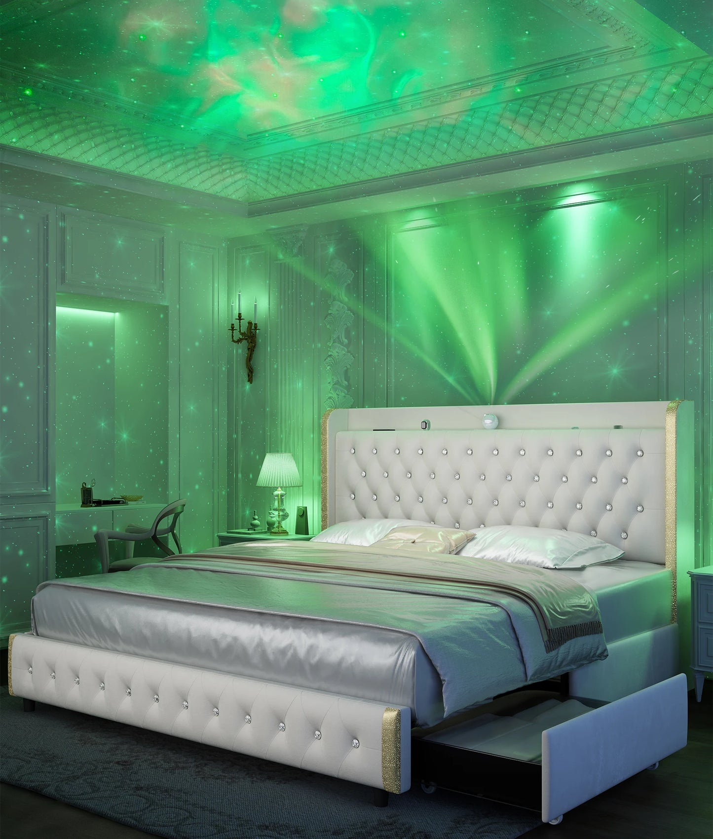GEGOFORU Queen LED Bed Frame With Galaxy Projector Bluetooth Speaker USB Ports