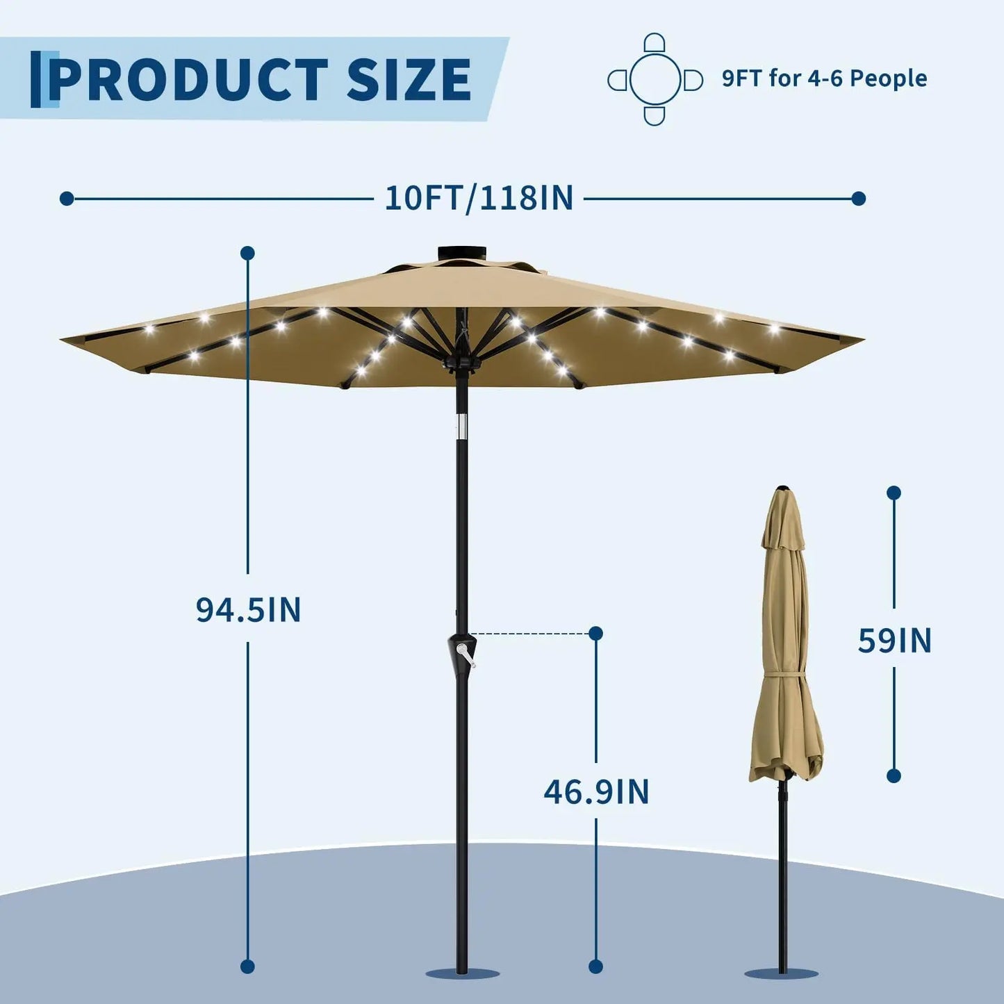 Studyset Solar Powered Patio Umbrella With 32 LED Lights Tilt