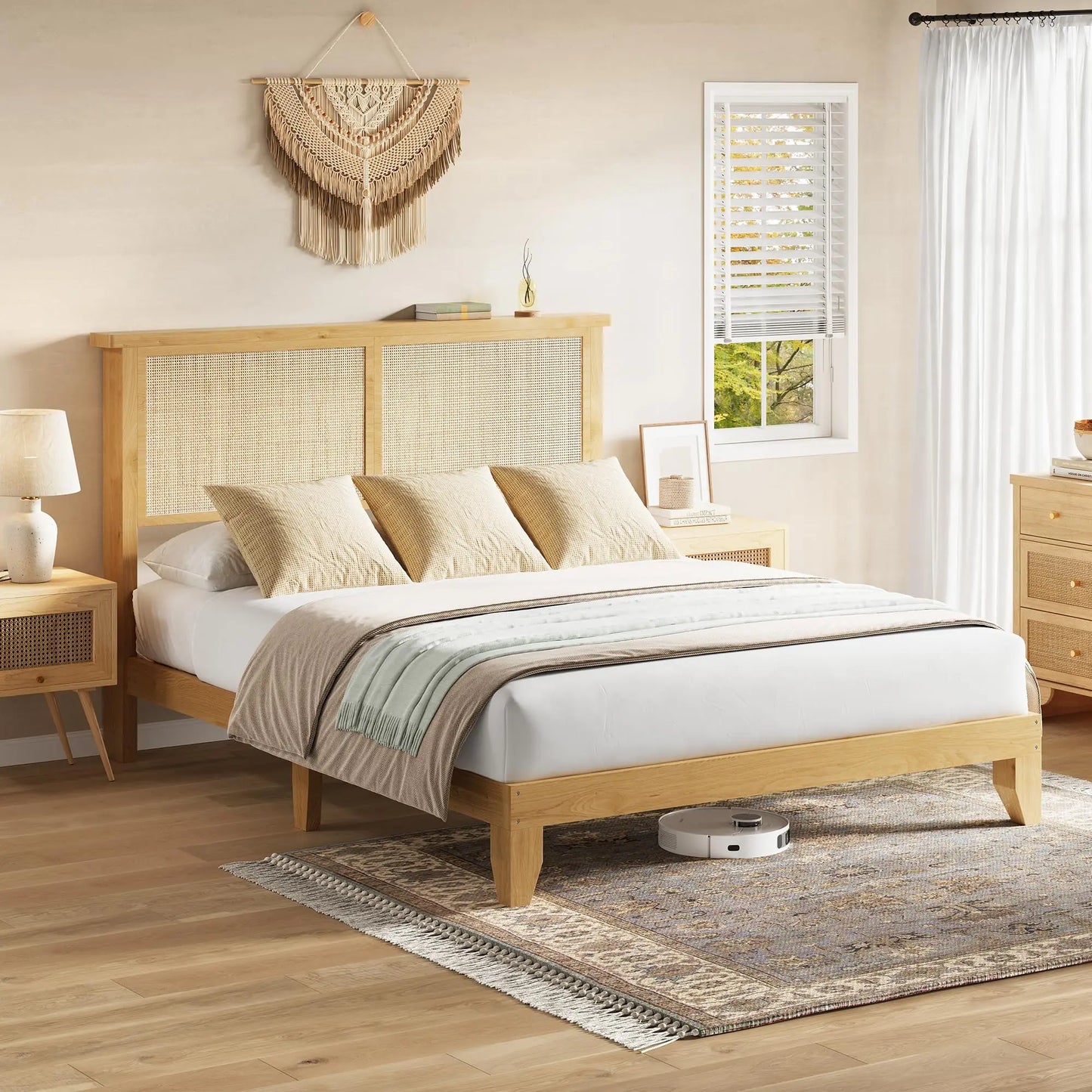 Rattan Bed Frame With LED Lights Boho Platform Bed