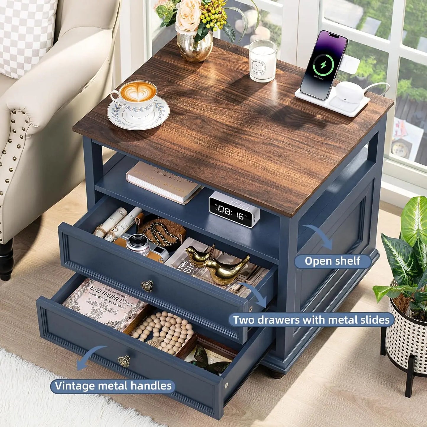 Farmhouse Nightstand With Charging Station