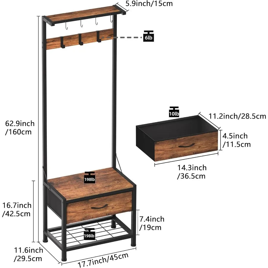 XIUWO Hall Tree With Shoe Bench And 4 In 1 Entryway Organizer