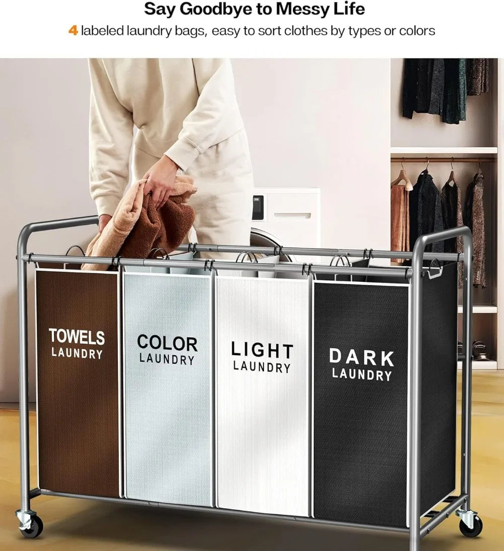 4-Section Laundry Hamper Sorter Cart With Lockable Wheels