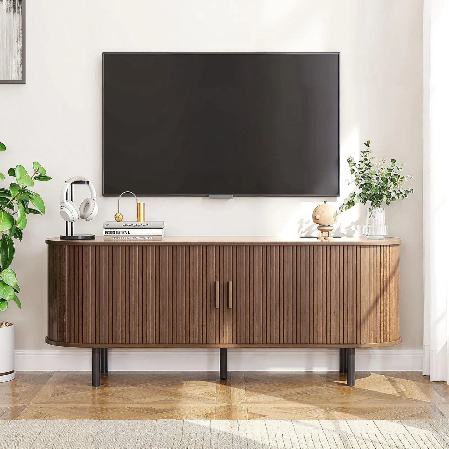 ONBRILL TV Stand With Power Outlet And Sliding Storage Doors